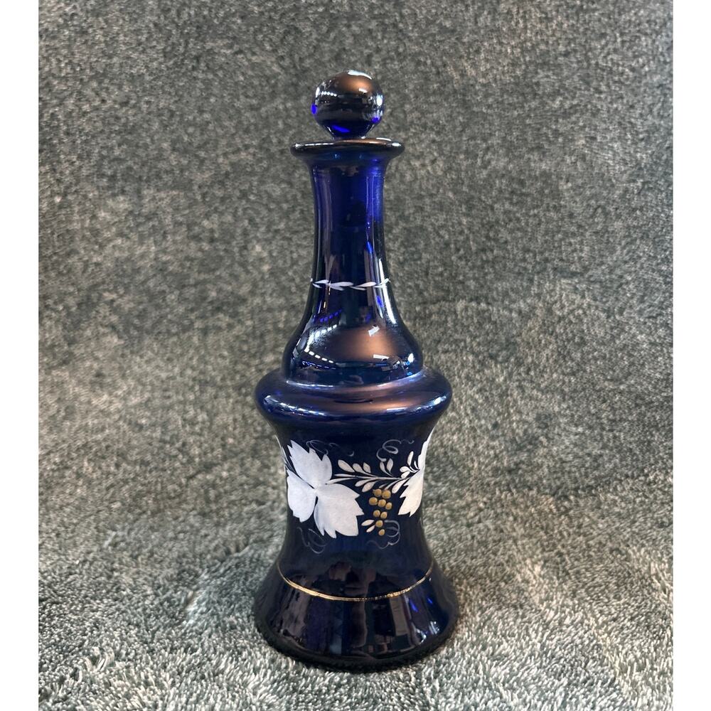 Antique Cobalt Blue Lidded Pontil Enameled Flowers Cologne Perfume Bottle